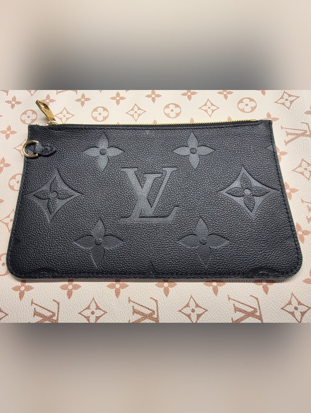 Louis Vuitton Neverfull Black Embossed Monogram Pouch with Gold Zipper